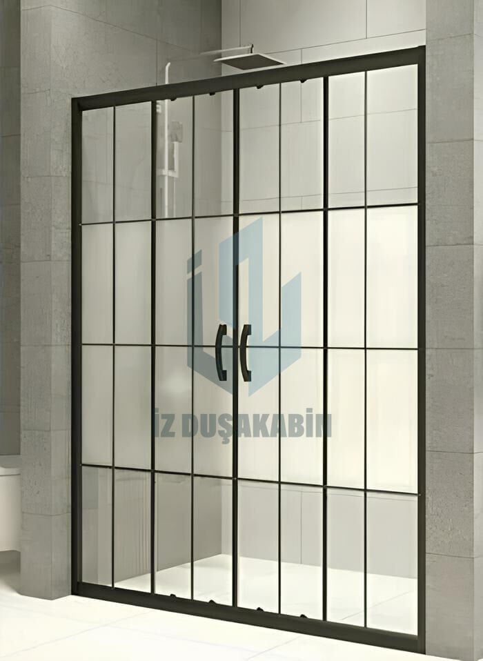 İZDUŞAKABİN ÖN CEPHE SİYAH PROFİL SİYAH ÇİZGİLİ DESENLİ CAM 5MM H:190